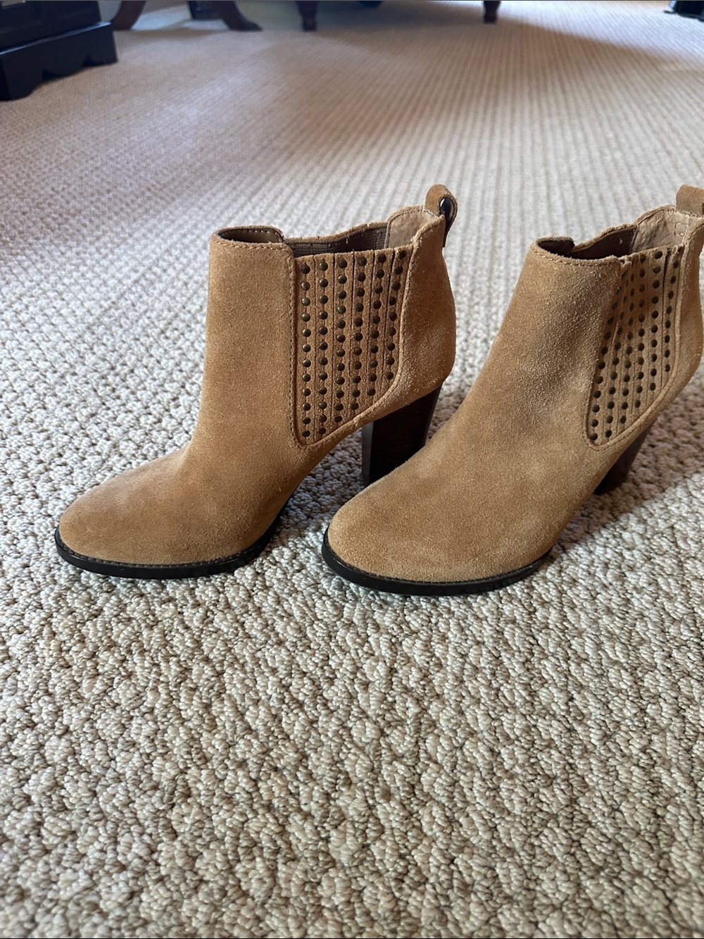 ANTONIO MELANI Camel/Tan Perforated Suede Ankle Booties